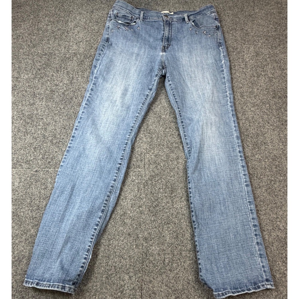 Levis 505 Straight Leg Jeans Womens 33 Medium Wash Floral Embroidered Blue Denim - Picture 2 of 10